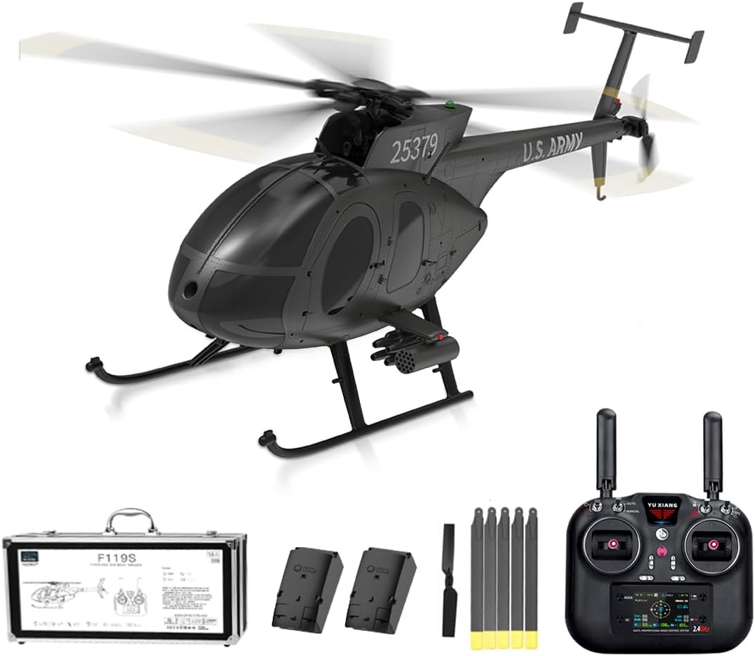 YUXIANG F119S MD500 RC Helicopter, 1/16 Scale Little Bird 9CH Brushless Remote Control Helicopter with GS Assisted Flight & Optical Flow, 6G/3D RTF Military Aircraft Model for Hobbyist