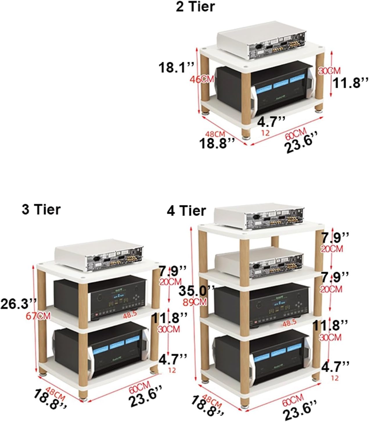 XMFBSY Medios 2/3/4 Tier Stereo Cabinet Rack Audio Tower Wooden Audio-Video Media Stand Modern Video Game Console Storage Shelf for HiFi DVD Record Player Organizer(Natural