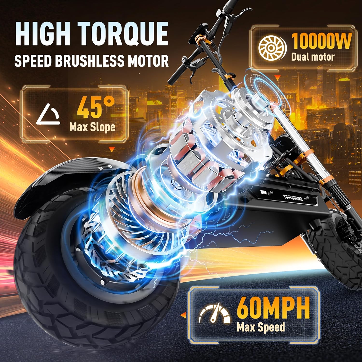 TRBK-M2 72V10000W Dual Drive Off-Road Electric Scooter, 11-inch All-Terrain Tires, 60 mph Top Speed, 35 AH Li-Ion Battery, 62 Mile Range, Hydraulic Brakes/Shock Absorption,Smart Large Screen with Seat