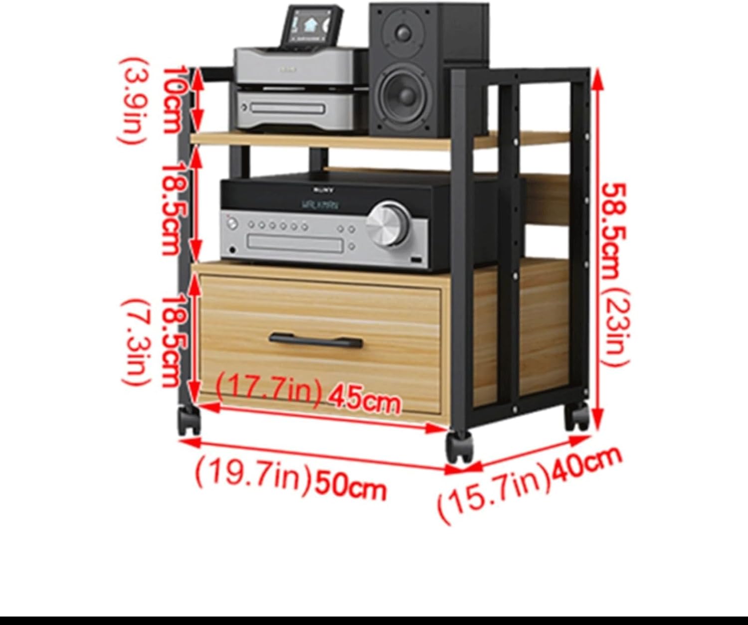 XMFBSY Medios 2/3/4 Tier Stereo Stand with Wheels & Drawer Movable AV Media Stand Adjustable Entertainment Video Game Equipment Console Shelf for Home Office Theater Organizer(Natural