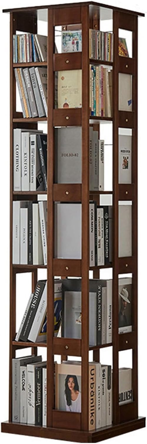 Multi-Layer Rotating Bookshelf, Wooden 360 Invisible Universal Wheel Rotating Bookcase, Movable Open Independent Storage Storage Rack, Suitable for Bedroom, Living Room(Walnut,6 Layers)