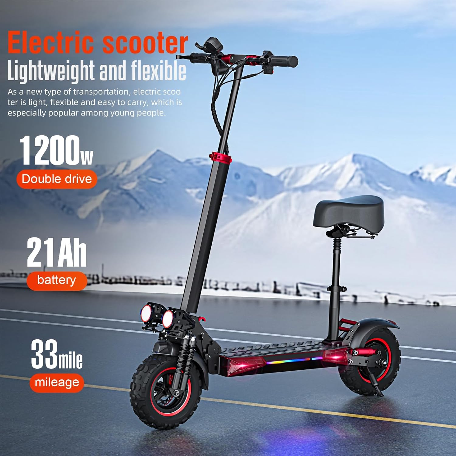 FREEBOY Adult Electric Scooter - Removable Seat, 1200W Motor, Max 35mph, 33 Miles, Off Road Tires, 4 Braking System