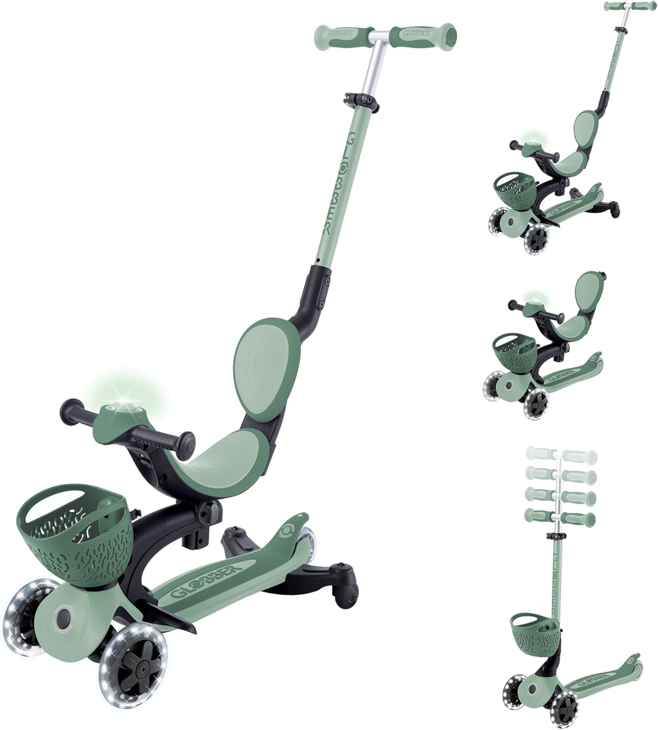 Globber - GO•UP Baby 360 Lights - Scalable Scooter 3 Wheels with Seat and Backrest for Children from 15 Months to 6 Years, Sage Green