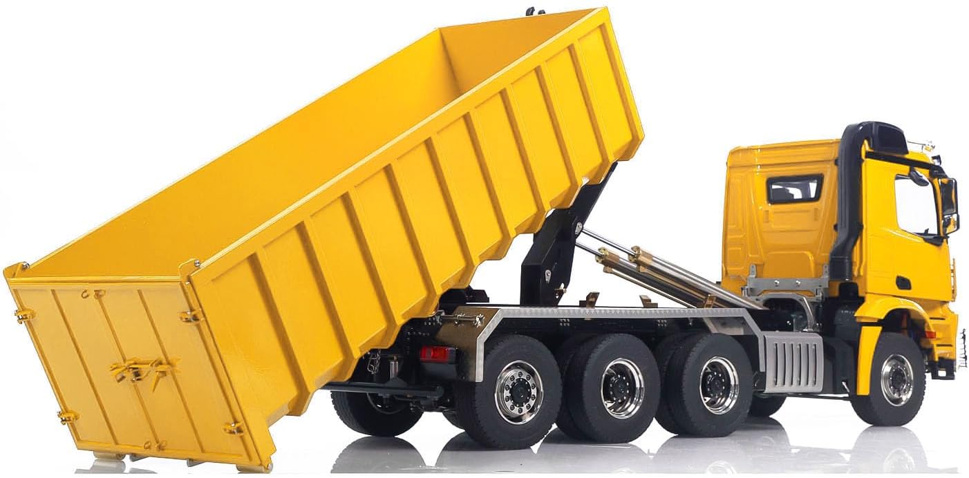 1/14 RC Hydraulic Dumper Truck 8X8 Roll On Off Full Dumper Car Rear Axle Steering Light Sound I6S Radio Controller(Yellow)