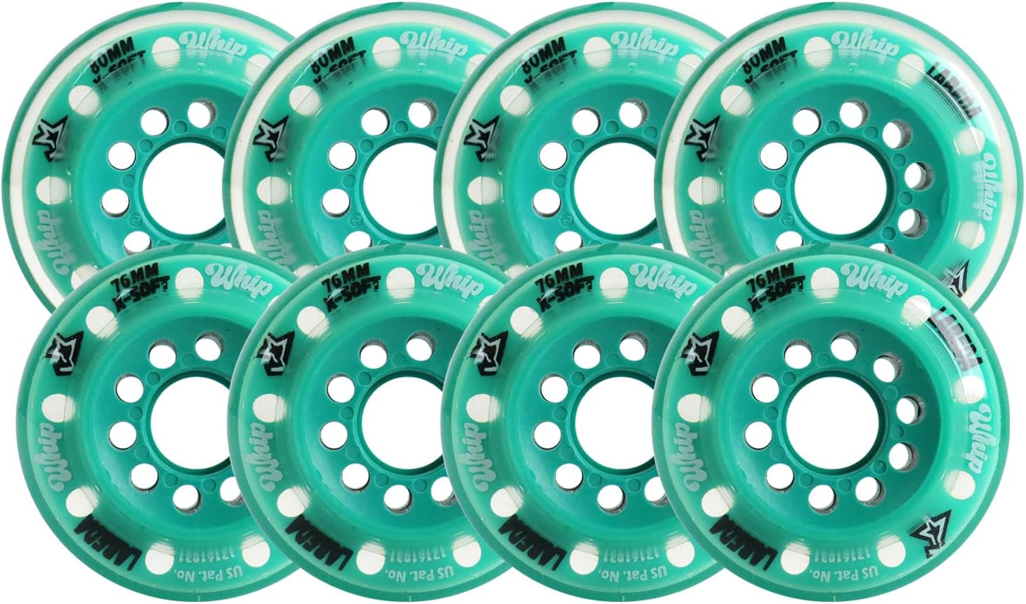 Labeda Whips Roller Hockey Wheels - Teal X-Soft Hilo Set 76mm/80mm - 8-Pack with Evo Spacers