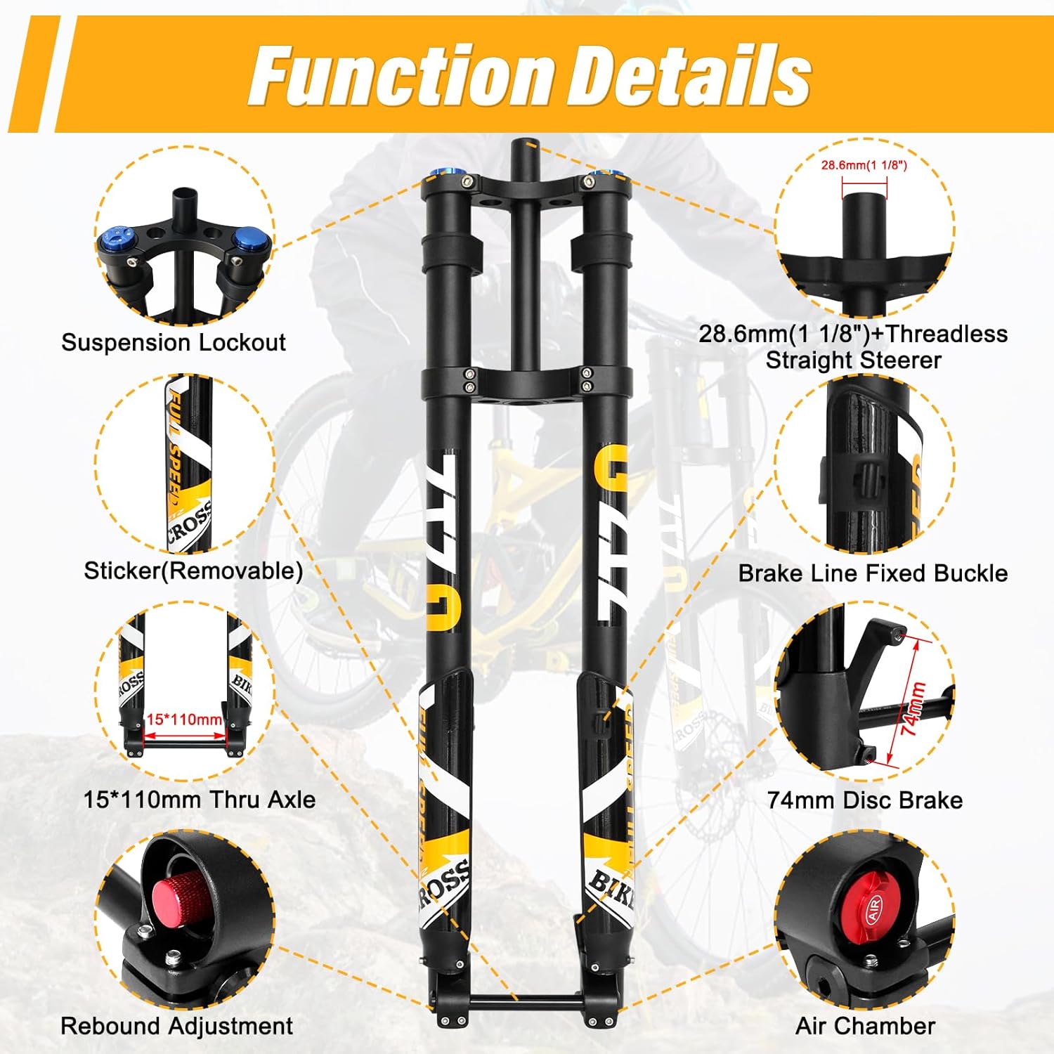 29 Inch Mountain Bike Air Inverted Suspension Fork, Thru Axle 15 * 110mm Travel 200mm Double Crown MTB Manual Lockout, Rebound Adjustment Straight Tapered Disc Brake Bicycle Front Forks