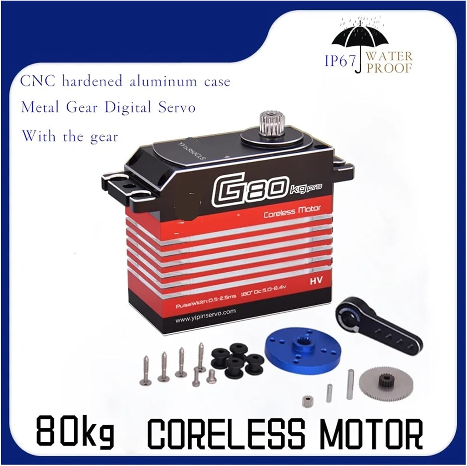 80KG high Torque high Pressure CNC Aluminum Shell Metal Gear Hollow Cup Waterproof 1/6 Scale Giant servo Suitable for Large Models