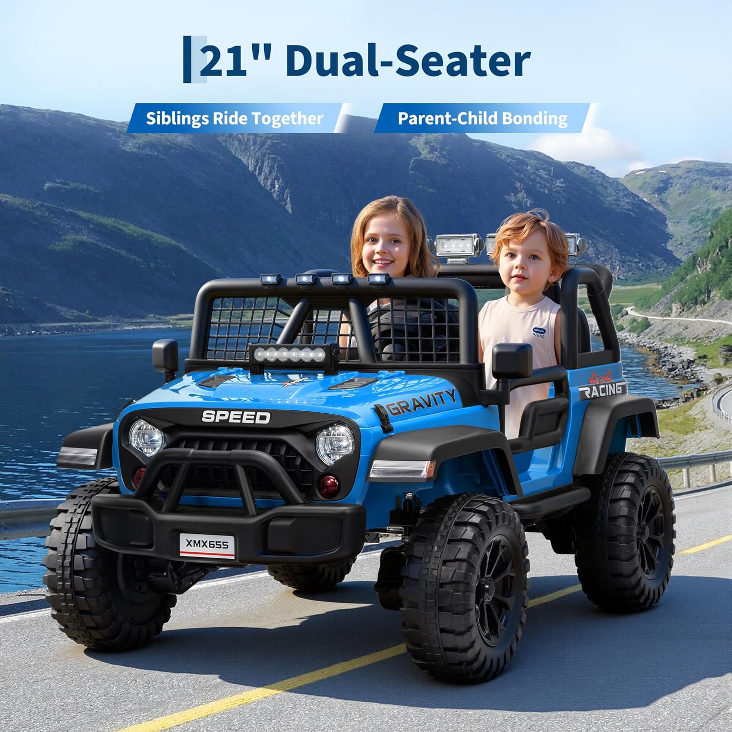 24V 2-Seater Kids Electric Truck with Parent Remote Control, 100Min Ride-on Car, 4WD Dual Motor, 2 Speeds, Spring Shock Absorber, LED Headlights, Siblings Gift Kids Electric Vehicle, Blue