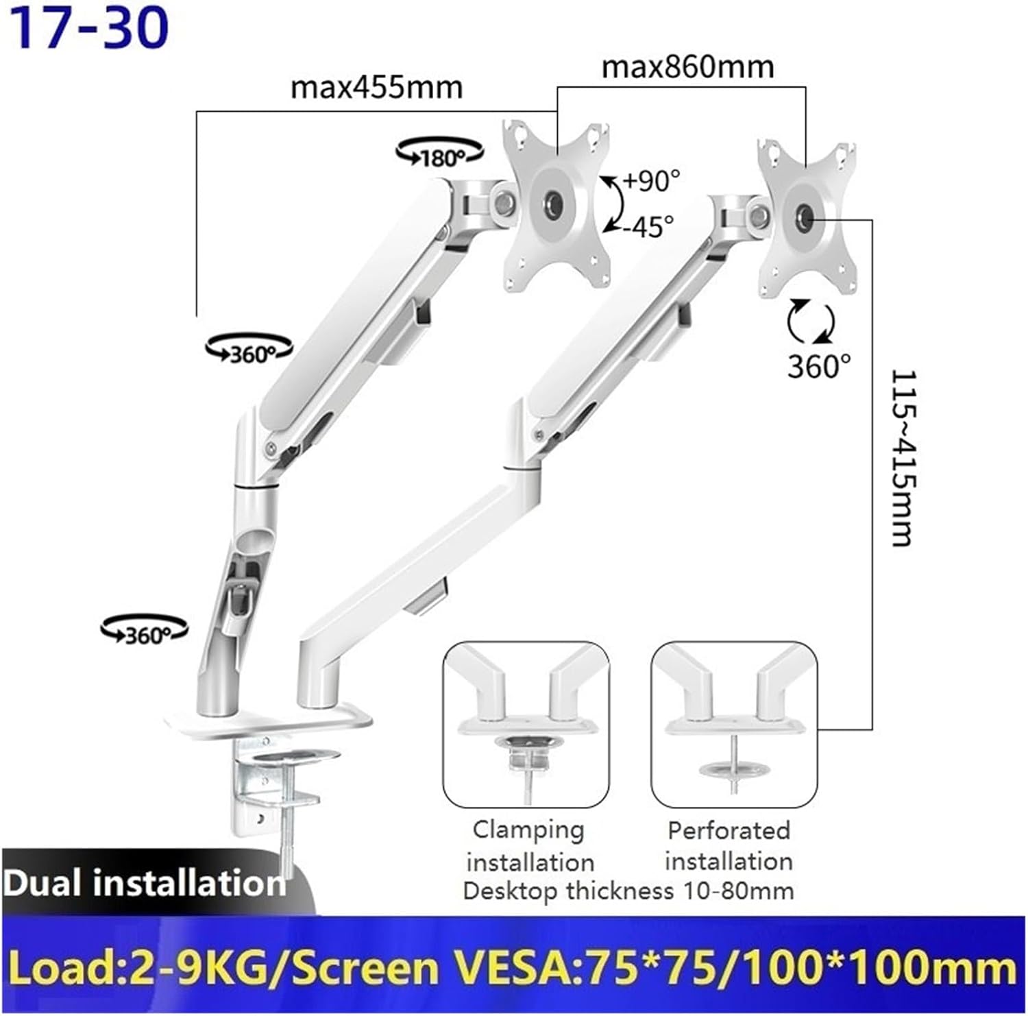 17-30 inch dual monitor desktop stand gas spring full motion LCD TV stand ergonomic bracket clip-on bracket PC M22(M22W)