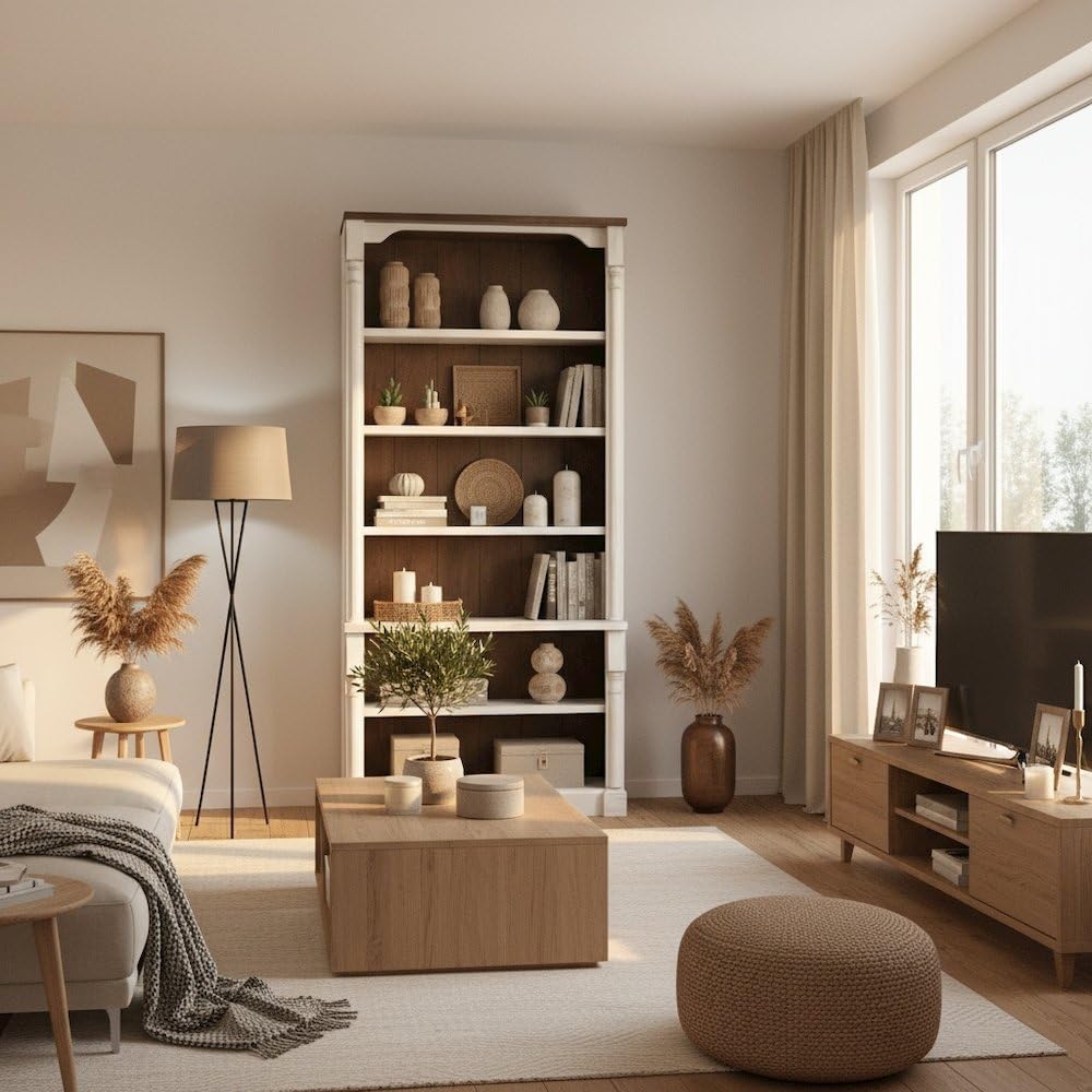 Starlight Canyon Home Rustic Open Wood Bookcase, 8 Feet Tall, 4 Adjustable Shelves, Fixed Stability Shelf, Weathered White Finish, Cherry Top