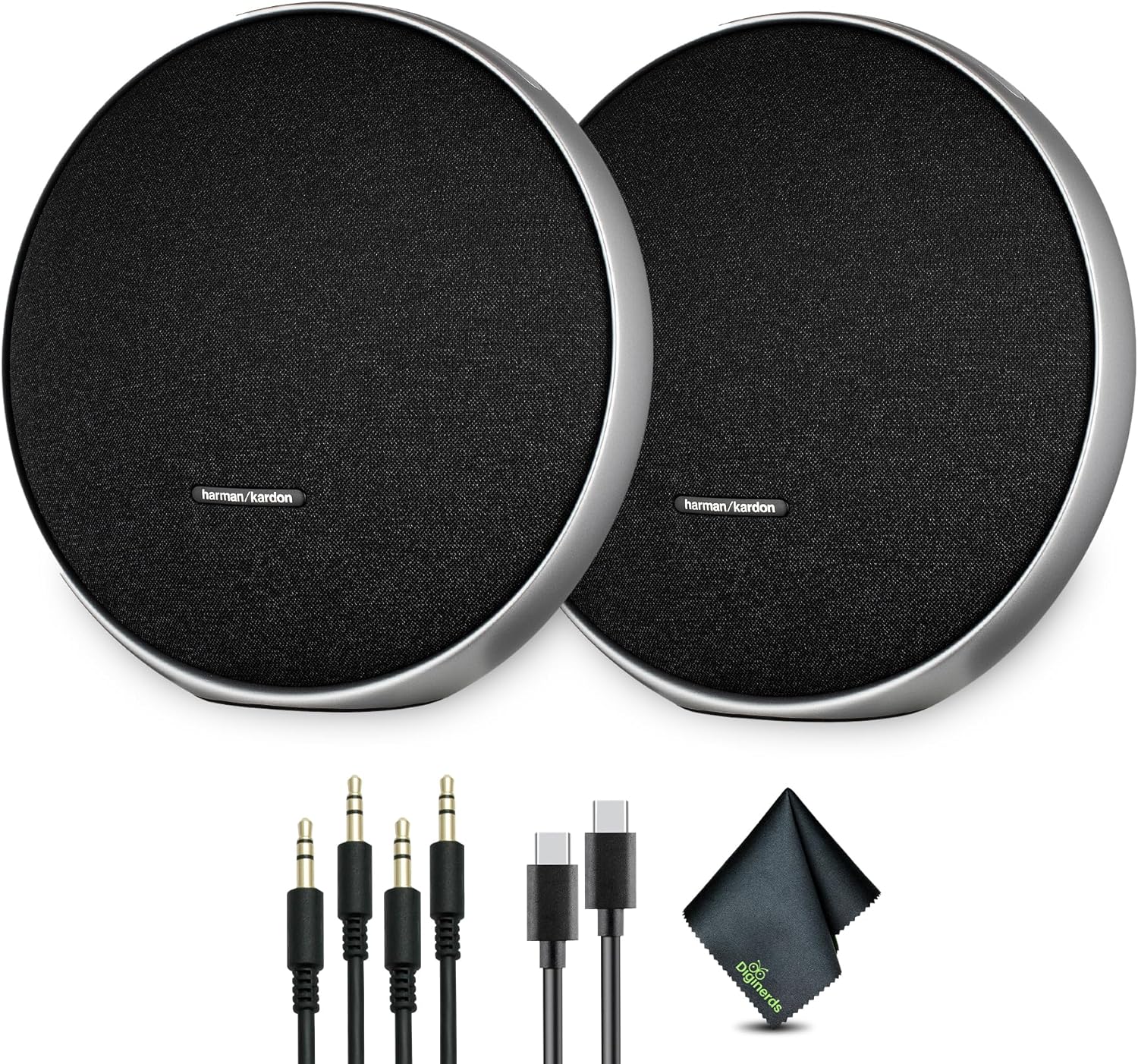 Harman Kardon Onyx Studio 9 Portable Stereo Bluetooth Speaker (HKOS9BLKJN) (Pair) Bundle Including: 2X Aux Cable, Power Supply, Type-C Cable, Fiber Cloth