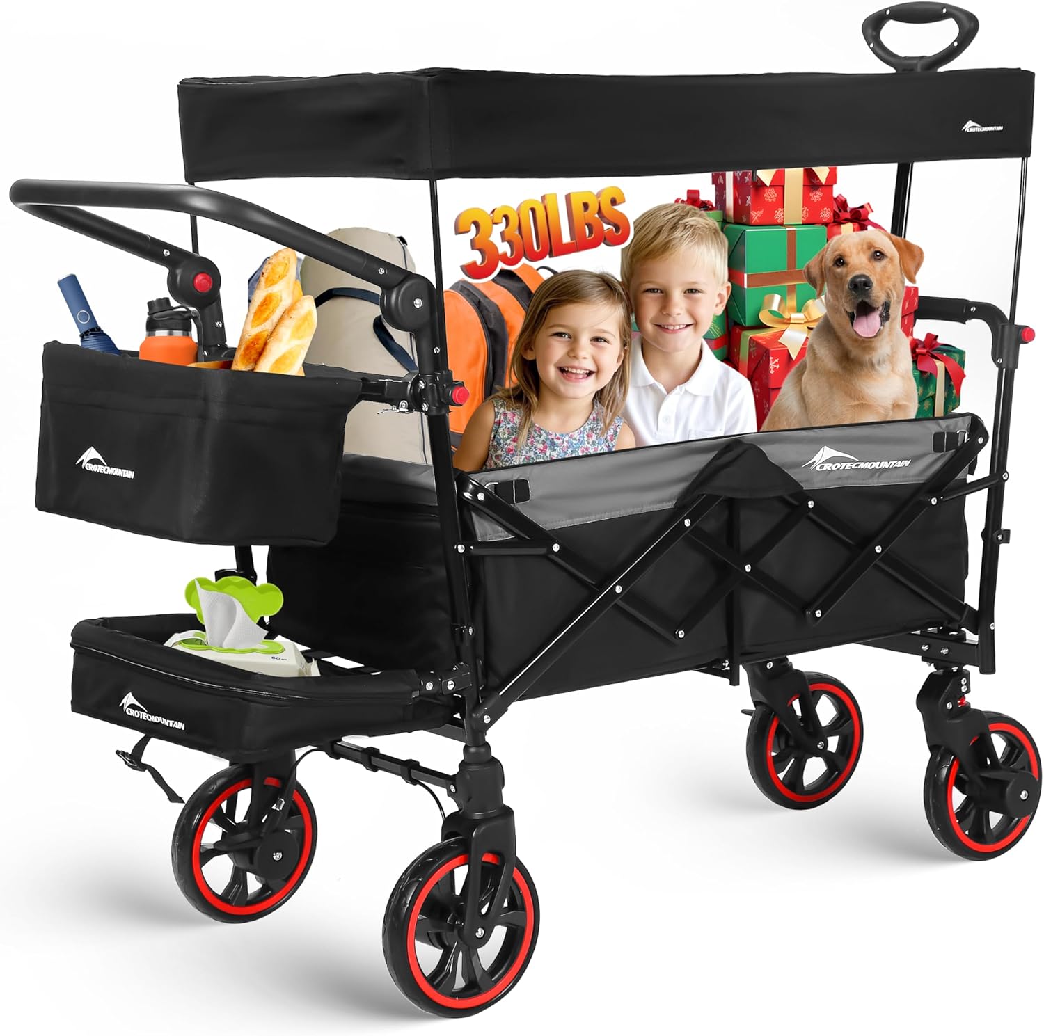 Collapsible Canopy Wagon,Large Capacity Trolley, Foldable Portable cart with Canopy, Adjustable Push/Pull Handle, Shock-Absorbing Wheels, Suitable for Shopping,Traveling-B