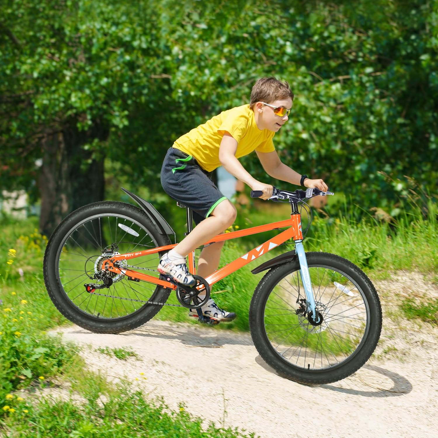 24x3.0 Fat Tire Kids Mountain Bike Snow Bike Beach Bike for 10-15 Years Old Steel Frame Disc Brake Bike 7 Speeds, Orange&Blue