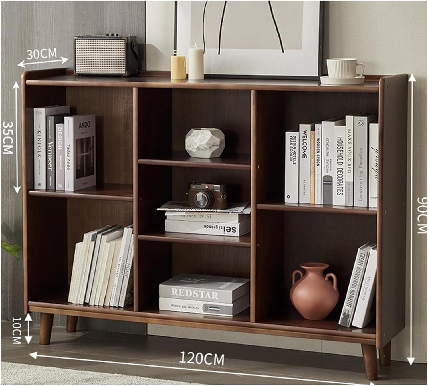 Solid Wood Bookshelf, Floor-to-Ceiling Bookcase Shelf, Grid Cabinet Storage Low Cabinet for Bedroom and Living Room MINGPING (Color : 7 Grid 120x30x90cm H)