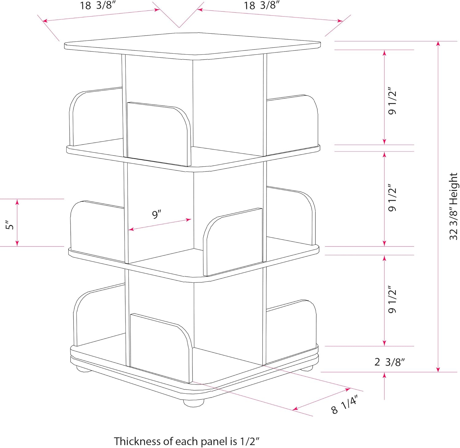KB Designs - 3-Tier 360° Rotating Revolving Tower Bookcase Display Unit, Black