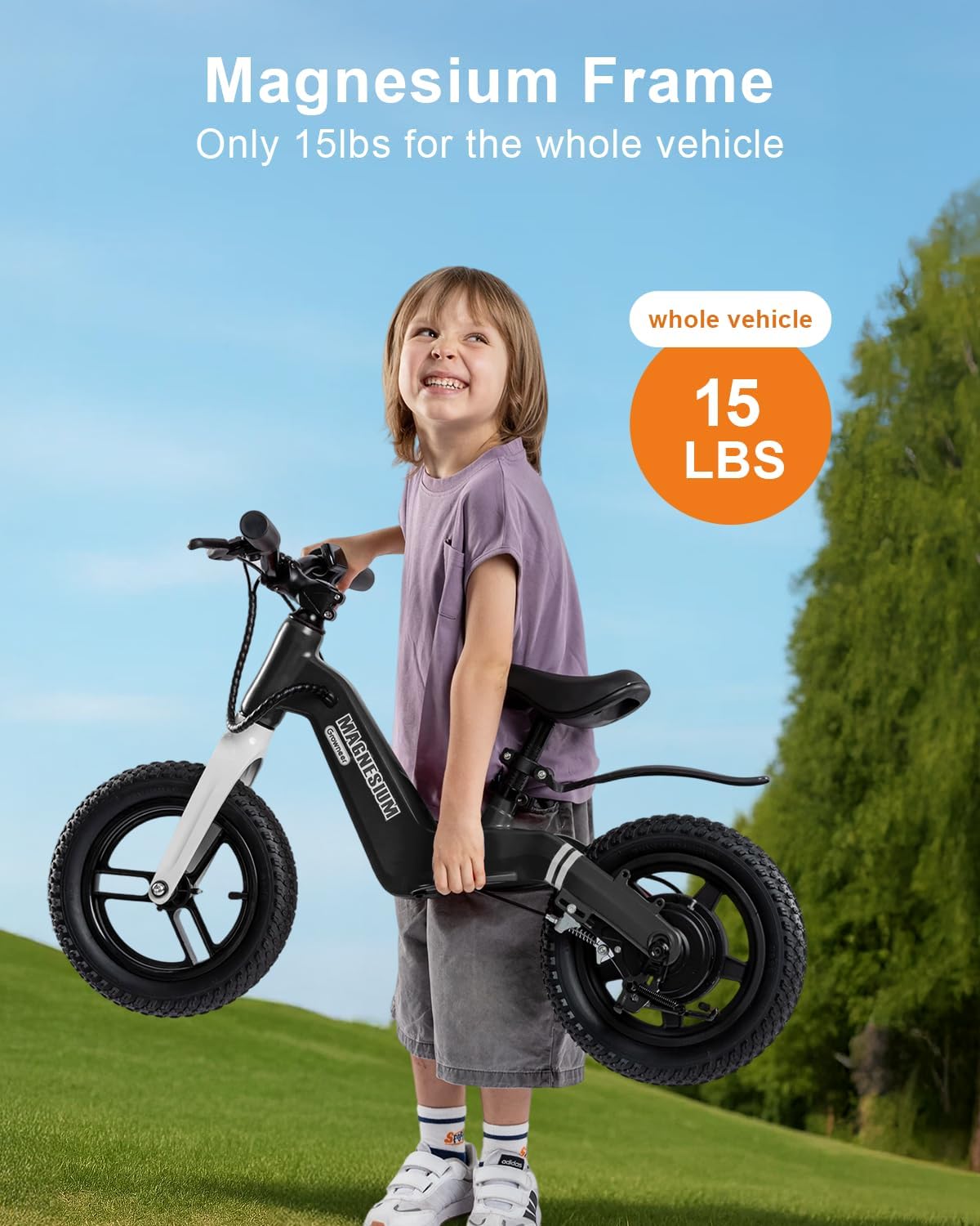 GROWNEER Electric Balance Bike for Kids,12&14-Inch Tires,Ages 3–8,Lightweight Magnesium Alloy Frame,3 Speed Settings Light-up Front Tire & Adjustable Seat, Electric Bike for Kids