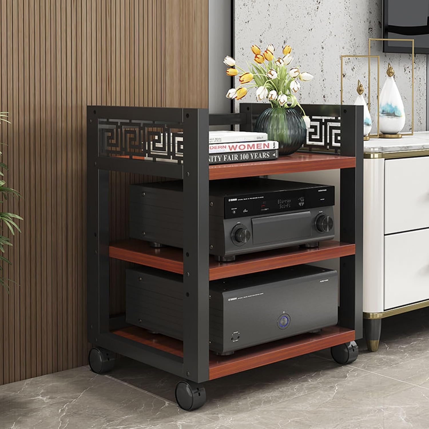 3/4/5 Tier Floor-Standing Audio Rack Wooden Floating Entertainment Center Shelves High Amplifier Rack Shelf/Audio-video Shelving Audio Rack Tower for Living Gaming Recording Room(Teak