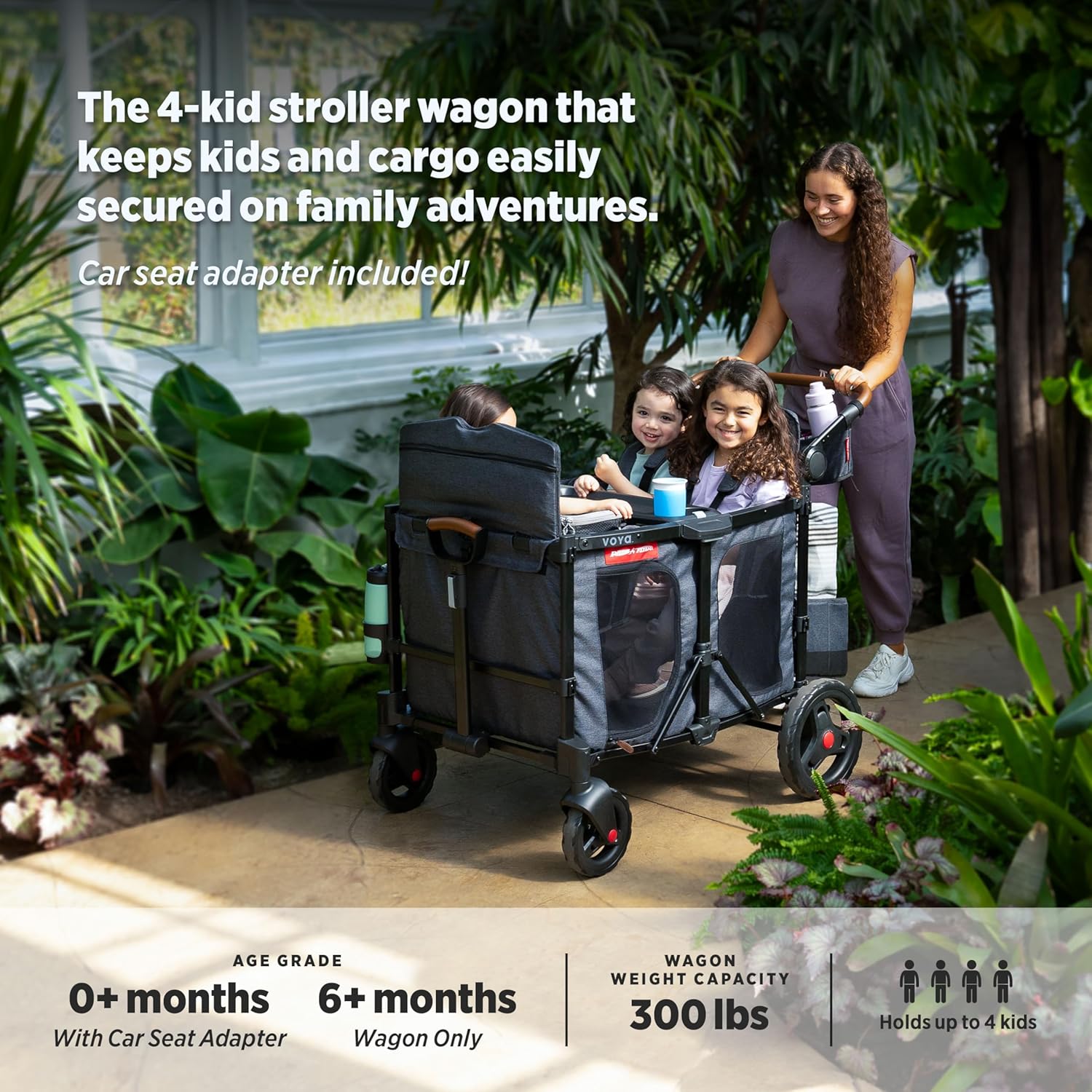 Radio Flyer Voya XT Quad Stroller Wagon and Graco Car Seat Adapter Bundle, 4-Seater Collapsible Wagon with Tall Sides and Adjustable Canopies, Gray