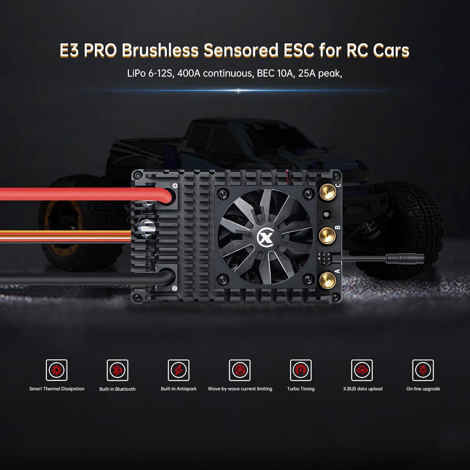 XC E3Pro Sensored Electric Brushless Motor Controller for RC Car, 6-12S Lipo,400A Continuous Current,10-25A、6.0/7.4/8.4V BEC,Applicable to 1/5,Support Turbo Timing and APP Control
