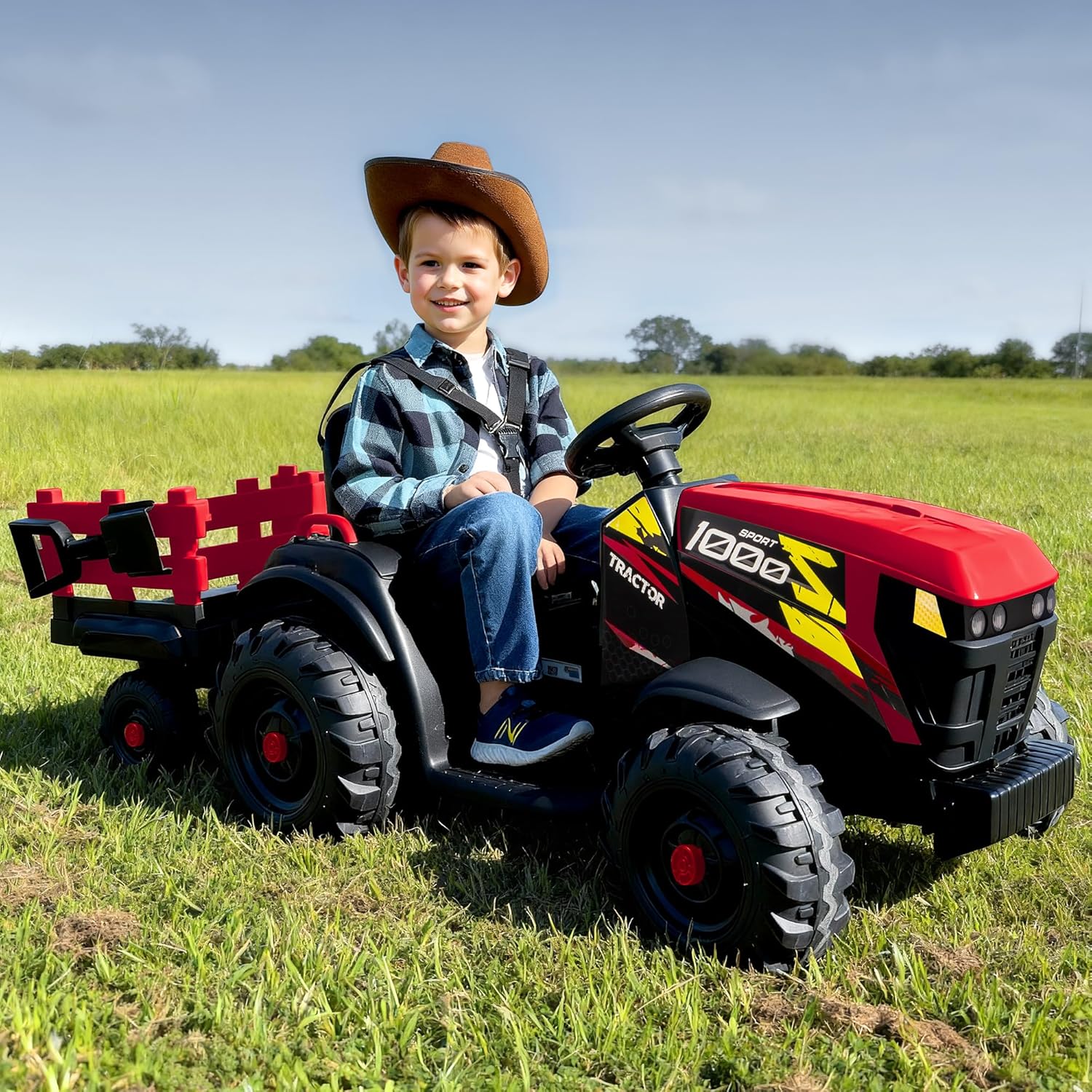 24V Kids Ride on Tractor Toy, Electric Tractor for Kids 3-8 with Trailer, 2x200W Motors - Red