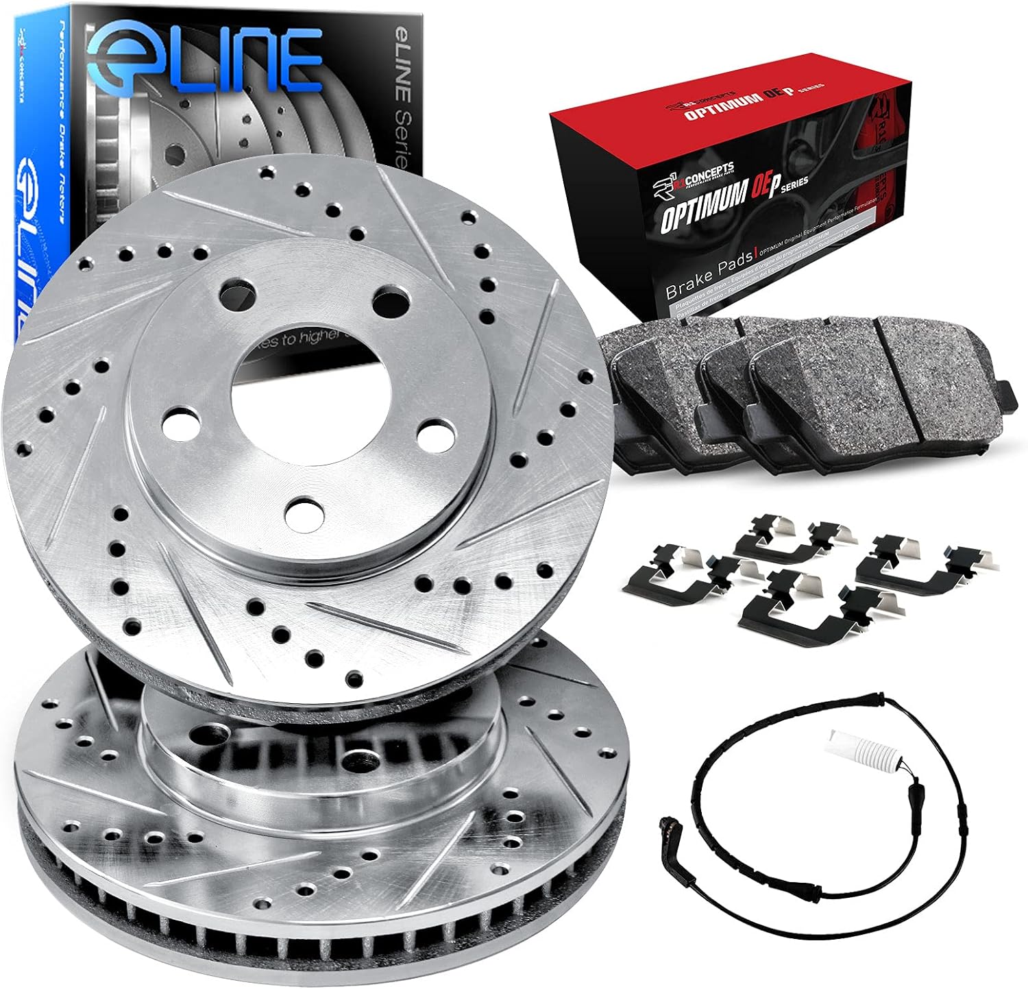 R1 Concepts Front Brake Kit For 2016-2020 Lexus GS, 2015-2021 Lexus RC F| Drilled Slotted Brake Rotors| Optimum OEP Brake Pads and Rotors Kit