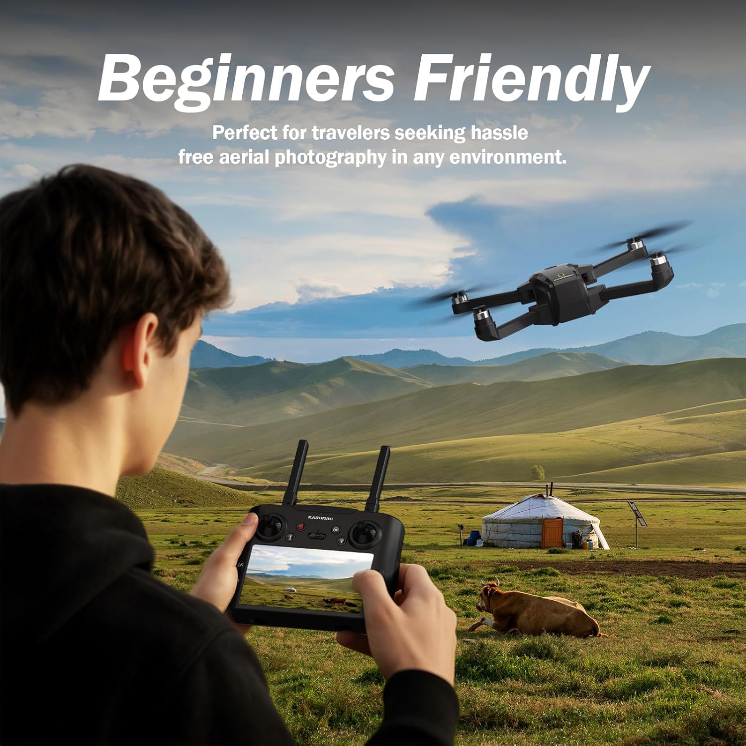 GPS FPV Drone with EIS Camera for Adults, 4.5 Inch LCD Screen on Controller，Al Track with Professional GPS，Follow Me, Auto Return，Easy Fly and Foldable Quadcopter for Beginners，Under 249g