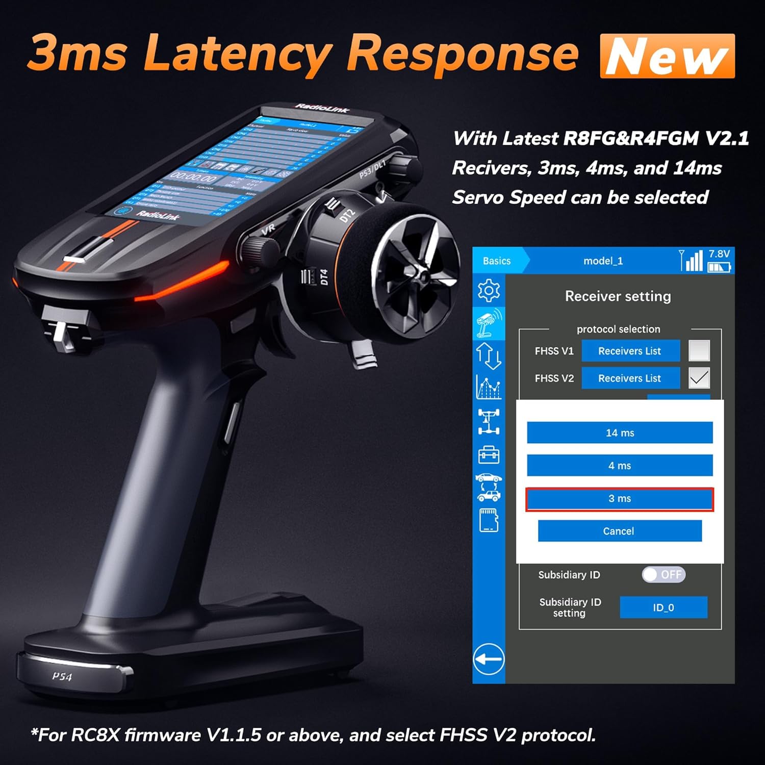 Radiolink RC8X 8CH 2.4G RC Transmitter and R8FG&R4FGM V2.2 Gyro Receivers, 4.3