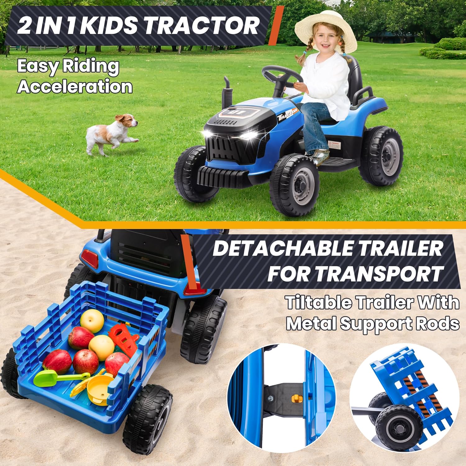 JOYRACER 24V Ride On Toys for Kids, Electric Ride on Tractor w/400W Motors, Tiltable & Detachable Trailer, Adjustable Seat, Bluetooth, Music, Remote Control Tractor Toys for Boys, Sapphire