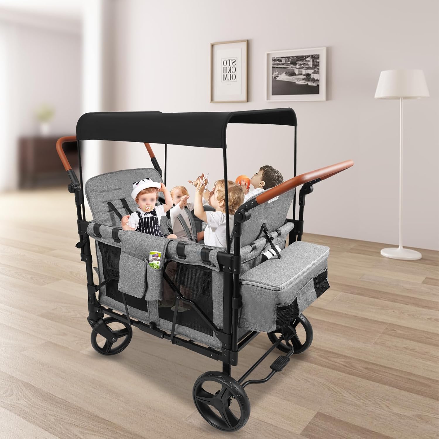 Wagon Stroller for 4 Kids, Foldable Double Push Bar Wagon Stroller, 5-Point Harness & Storage Organizer for Garden Beach Camping Sports