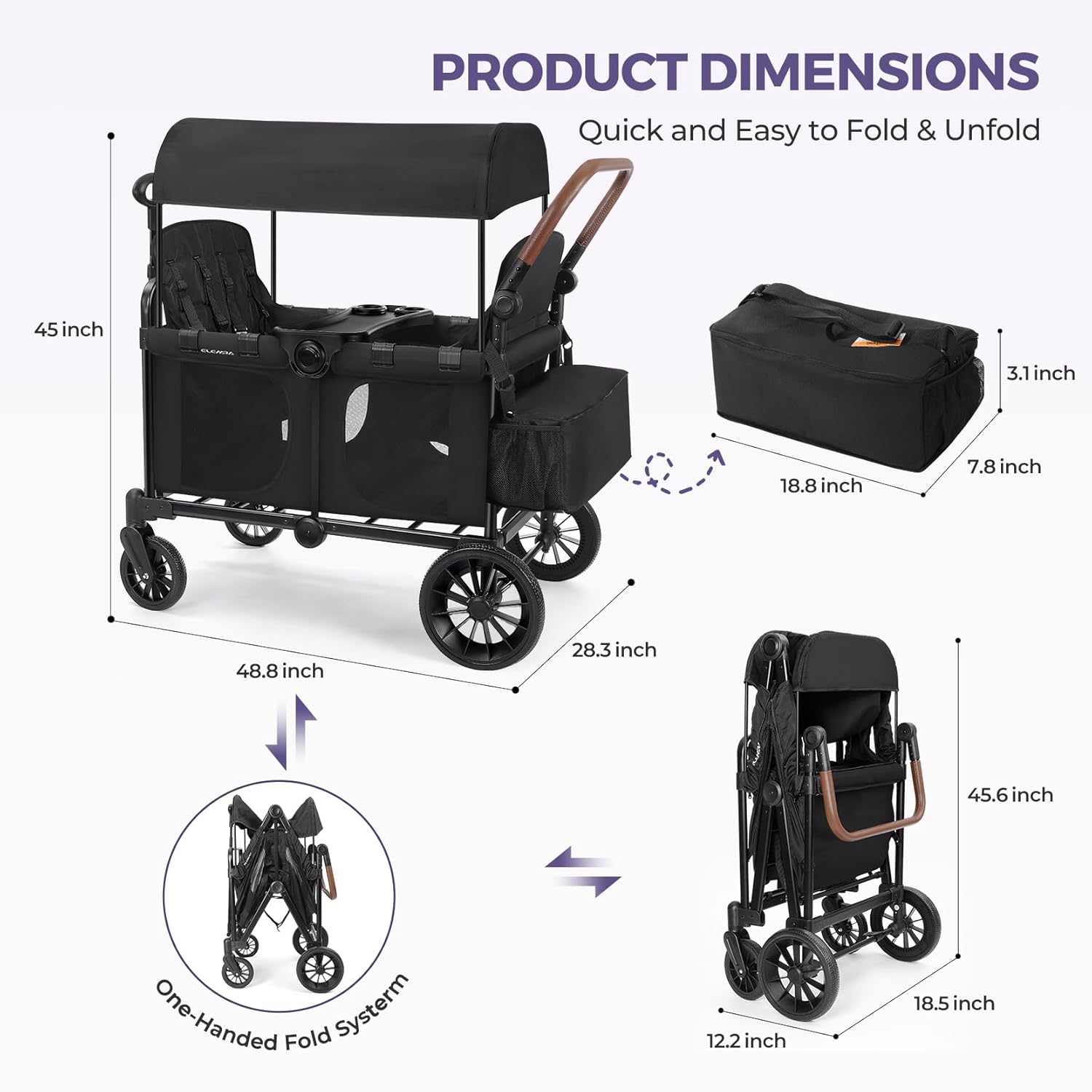 ELEMARA Wagon Stroller 4 Seater, Premium Stroller Wagon for 4 Kids, Foldable All-Terrain Wagon for Kids with Canopy, Adjustable Push/Pull Handles,Convertible High Seat&Organizer, Black