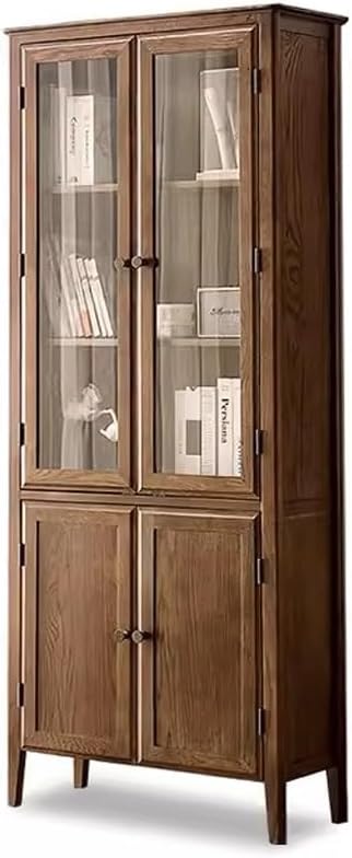 HEAIQI Book Shelf Open Bookcase Solid Wood Bookshelf Glass Bookcase Two Doors Oak Bookshelf Storage Rack Storage Cabinet Nordic Study Furniture for Living Room, Home Office, Bedroom