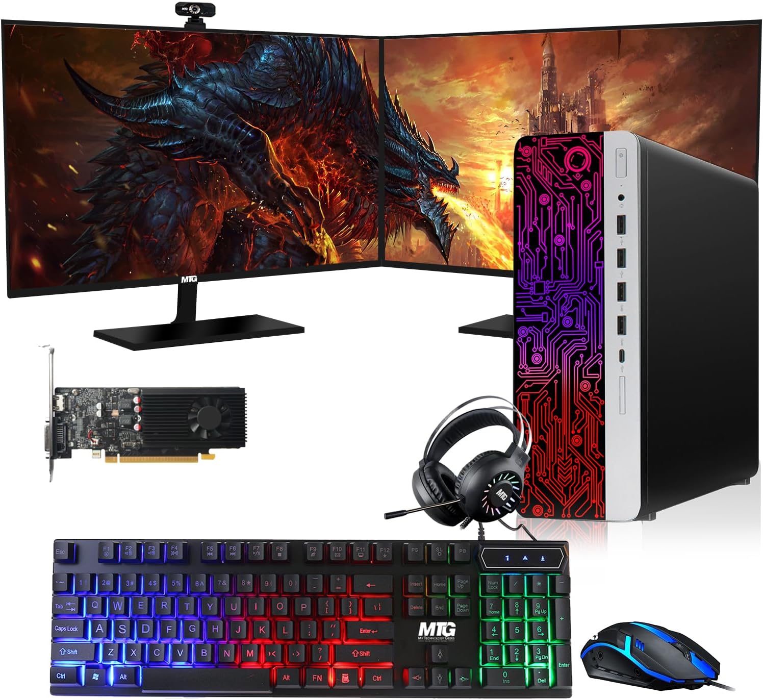 HP G3 Gaming Desktop PC, Intel Core i5 6th Gen, GT 1030 Graphics, 32GB RAM, 1TB SSD + 3TB HDD, MTG New 27 Inch Dual Monitor, RGB Keyboard Mouse, Headphone, Webcam, Windows 11 (Renewed)