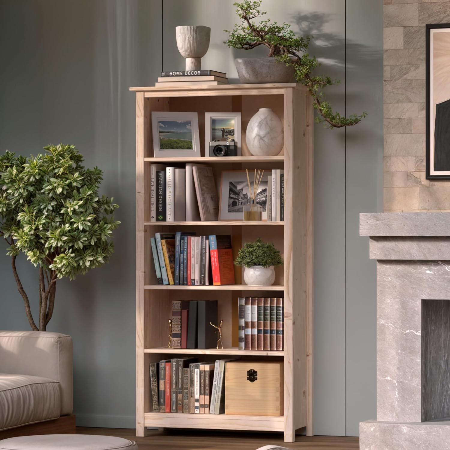 From the Tree Furniture Solid Pine Wood Bookcase – Tall Bookshelf with 4 Adjustable Shelves for Home, Office & Kids Room