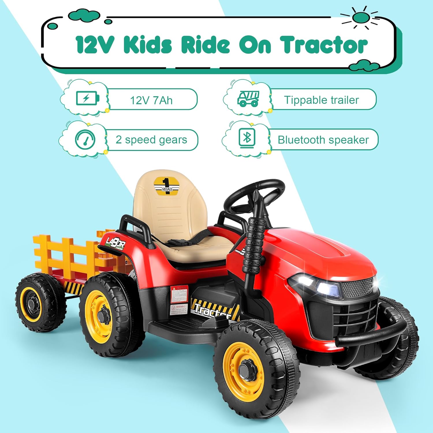 ANPABO Ride On Tractor with Tiltable Trailer, 12V Ride On Toy w/Parent Remote Control, Music Player & Bluetooth Function, Headlight, Battery Powered Electric Vehicle for Kids, Red