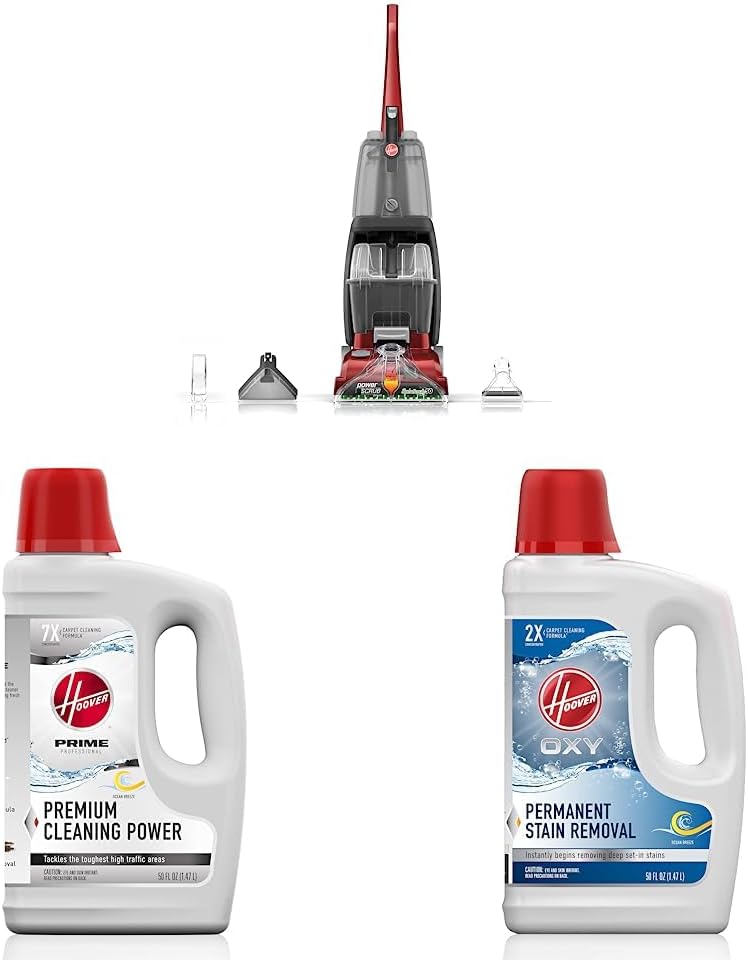 Hoover Power Scrub Deluxe Carpet Cleaner Machine & Prime Professional Deep Cleaning Carpet Shampoo, 50oz Formula, AH31959, White & Oxy Deep Cleaning Carpet Shampoo, 50oz Formula, AH30950, White