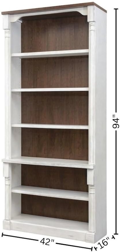 Starlight Canyon Home Rustic Open Wood Bookcase, 8 Feet Tall, 4 Adjustable Shelves, Fixed Stability Shelf, Weathered White Finish, Cherry Top