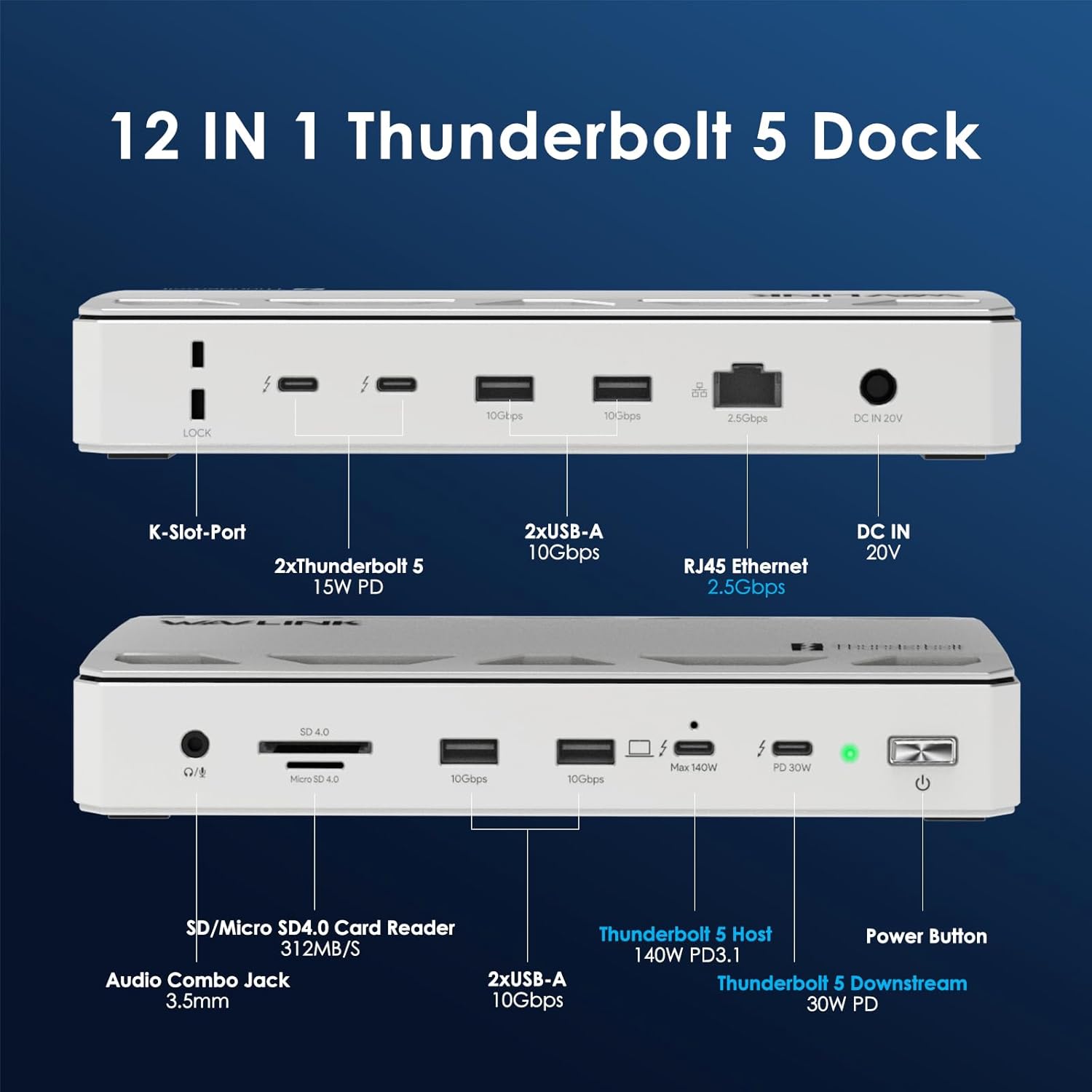 WAVLINK Intel Certified Thunderbolt 5 Dock, 12-in-1 TB5 Docking Station with 120Gbps Max Transfer, 140W PD, 2.5G Ethernet, 4X USB-A 3.2 Gen 2, SD4.0, for Windows 11/Mac OS 14.6 or Later TB5/4 Laptops