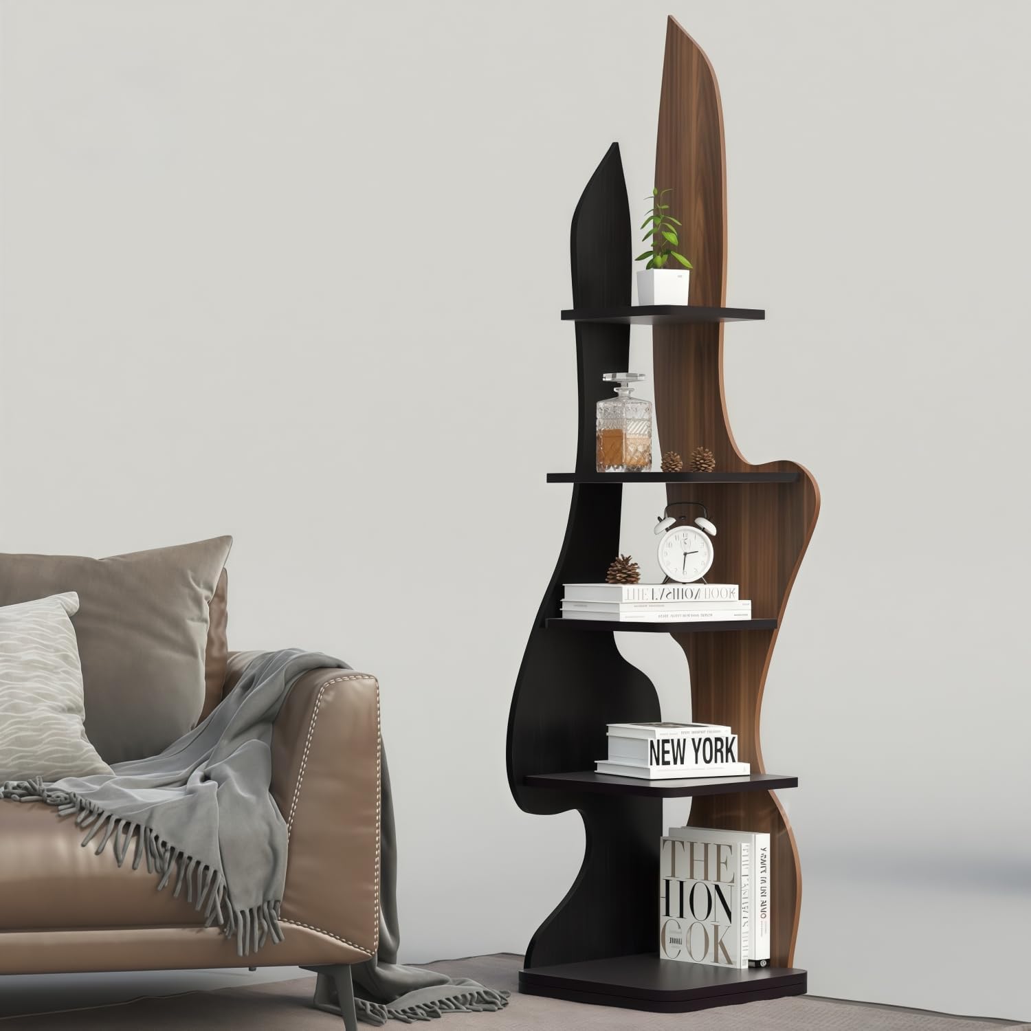 Kavie Asymmetrical Bookcase, Curved Art Display Shelf, Solid Wood Modern Narrow 5-Tier Standing Shelf for Living Room Corner, Study (15.7