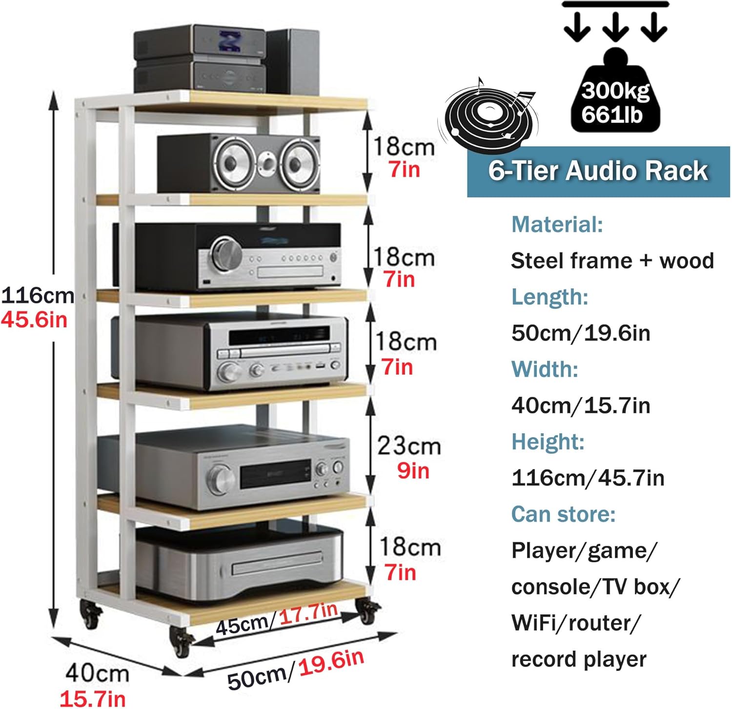 6-Tier AV Media Stand Movable Audio Rack Wooden Storage Cabinet Entertainment Center Shelves Component Stereo Shelf Systems Tower Player Stand Perfect for DVD Players TV Box Game Console(Black)