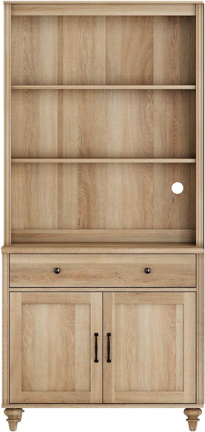 WAMPAT Bookcase with 4 Doors and 2 Drawers, 3 Tier Bookshelf, 72'' Tall Book Case Shelf with Glass Storage Cabinets, Oak, 34''