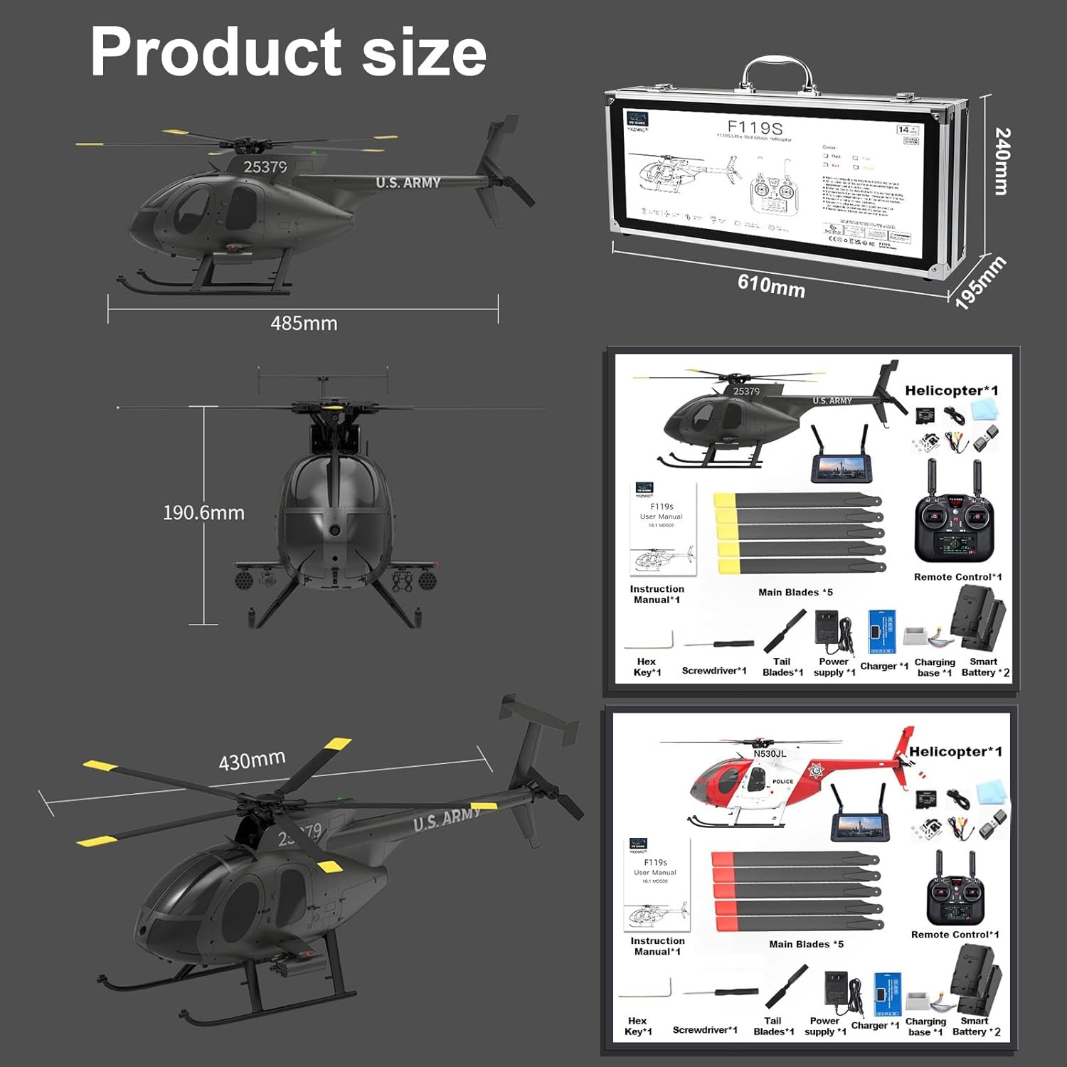 F119S MD500 6-Axis Gyroscope RC Helicopter with Flybarless Rotor Head, 6G/3D Switchable Modes Openable Cockpit - Remote Control Helicopter RTF for Beginner & Adults(Black,with Camera)
