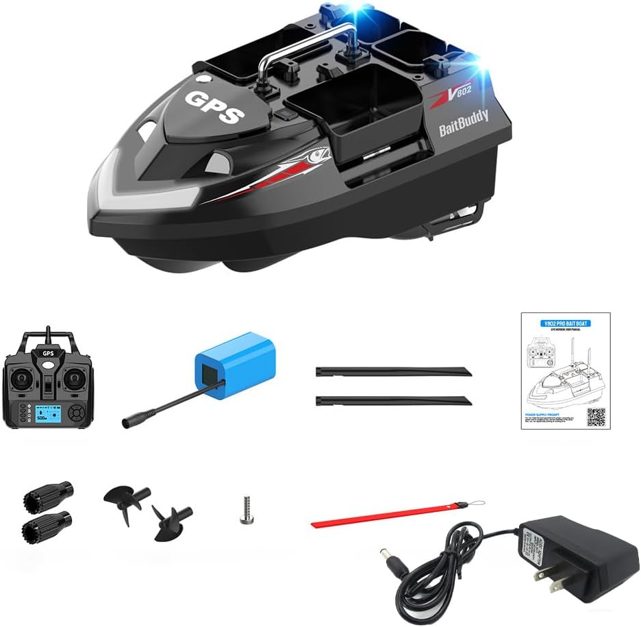V802PRO 4‑Compartment GPS RC Bait Boat, 3kg Large Capacity, 500m Range, Auto Cruise & Return, Night Lights, DIY Fishing RFID Boat for Adults & Anglers