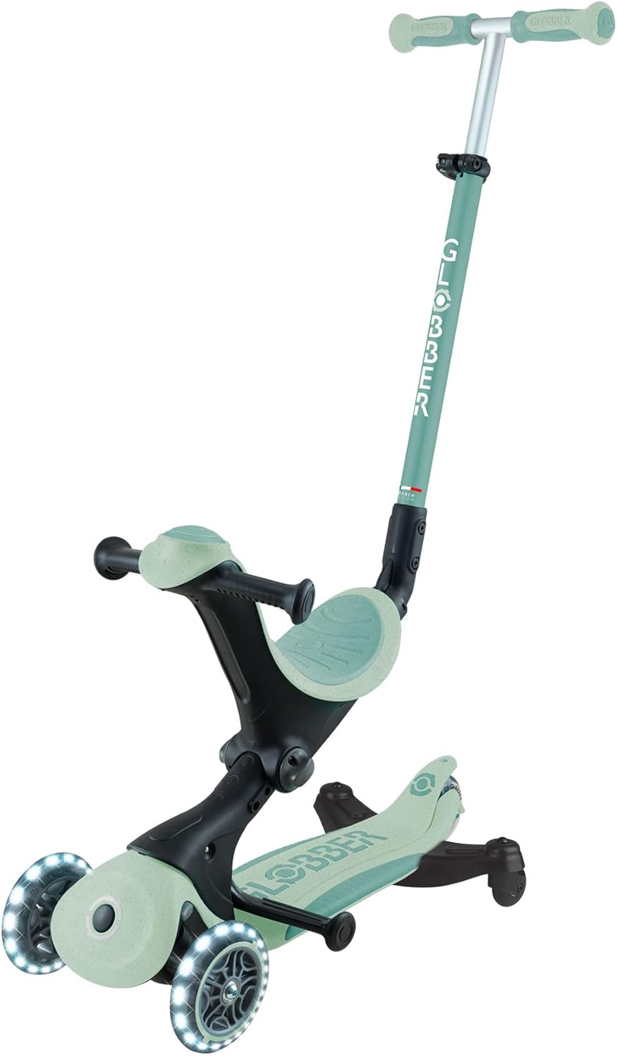 Globber - GO•UP Deluxe Lights ECO 360-3-Wheel Scooter with 360° Rotatable Seat, Footrest, LED and Durable Materials, 15 Months to 6 Years - Pistachio Green