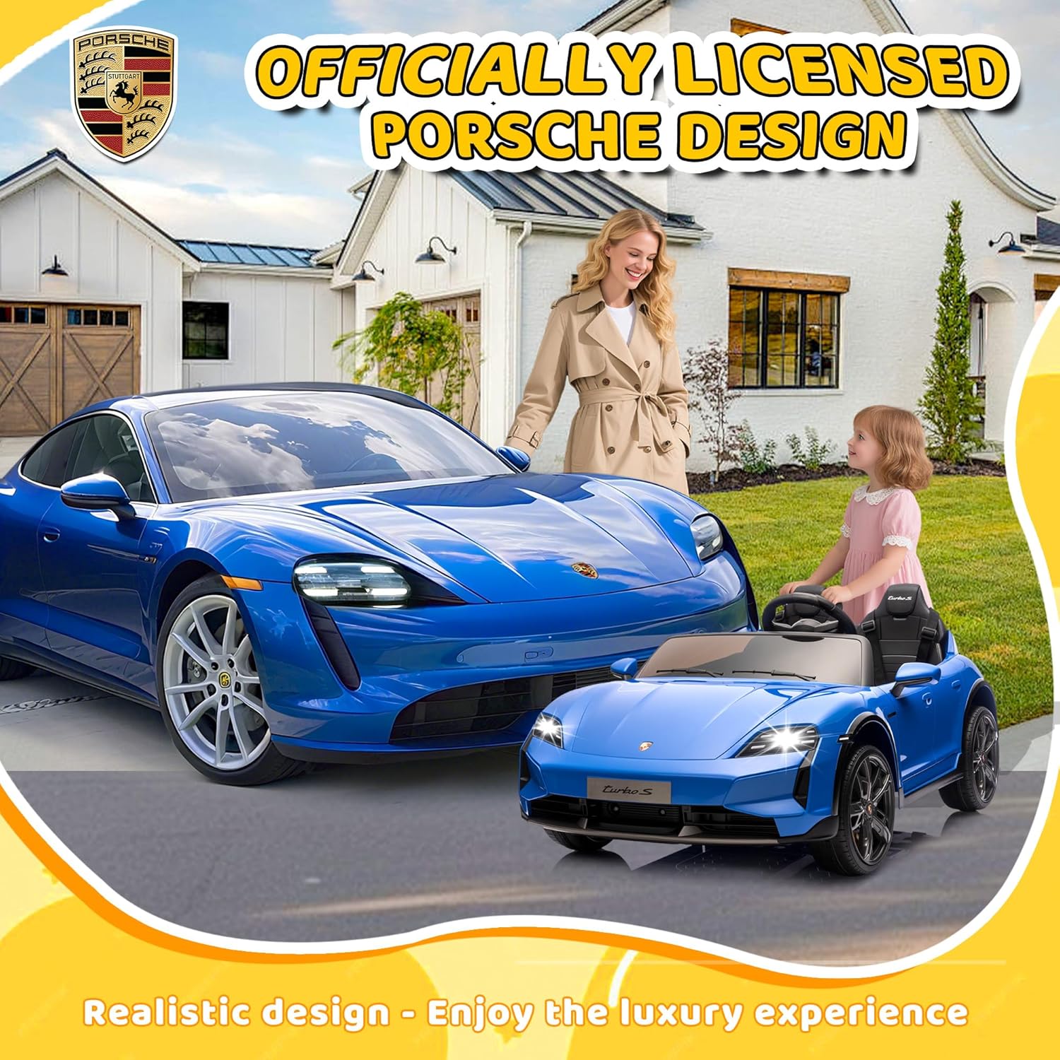 2 Seater Electric Car Licensed Porsche Taycan Turbo S Ride On Car, 24V Kids Electric Vehicle Toy w/Remote Control, USB/MP3 Music, Spring Suspension, LED Lights, Toddler Cars to Drive, Blue