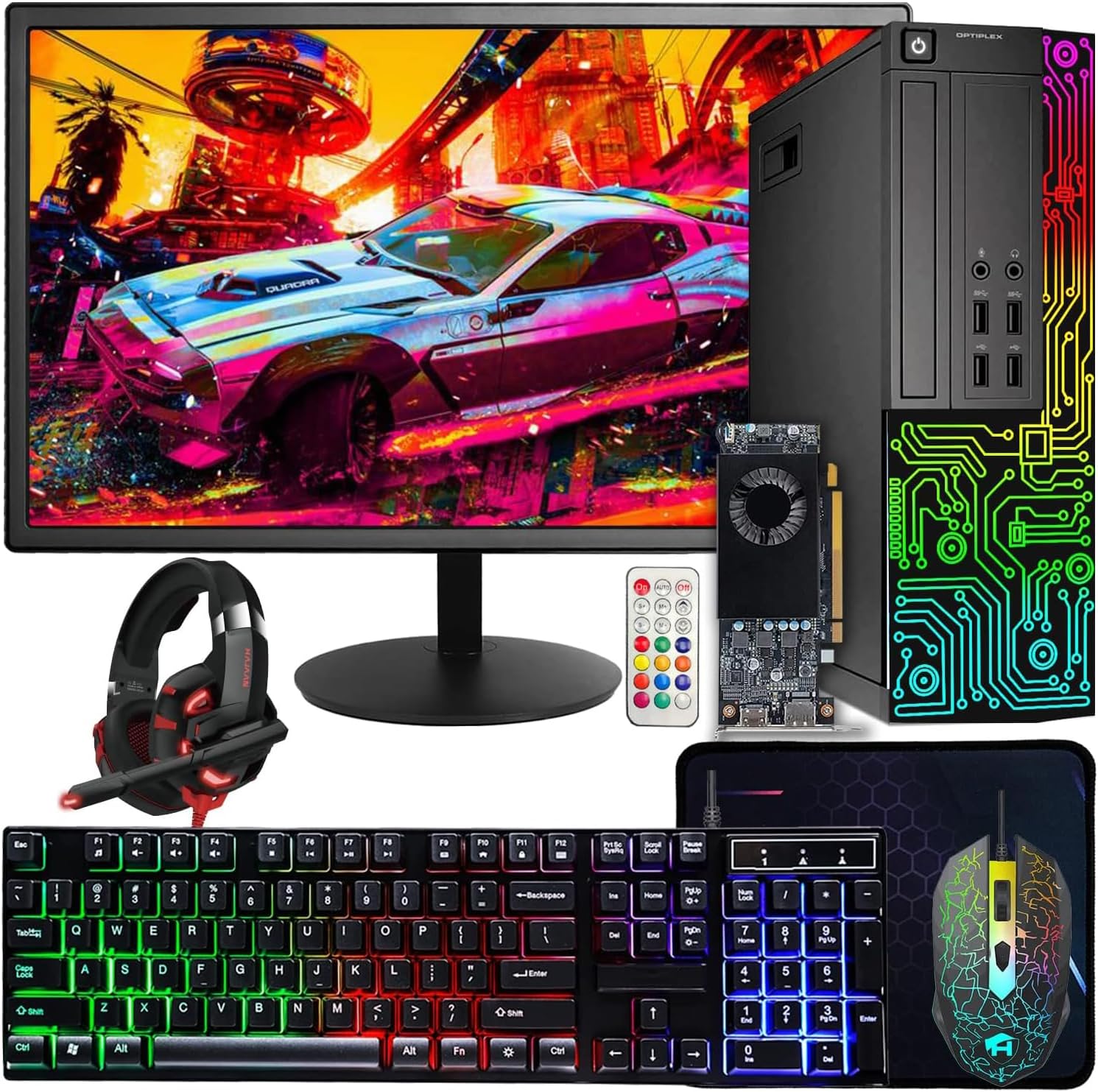 Dell RGB Gaming OptiPlex Desktop PC Computer, Intel Core i7 up to 3.9GHz, Radeon RX 550 4G, 16GB RAM, 512GB SSD, 24 Inch FHD Monitor, RGB Keyboard & Mouse & Headset, WiFi, Windows 11 Pro (Renewed)