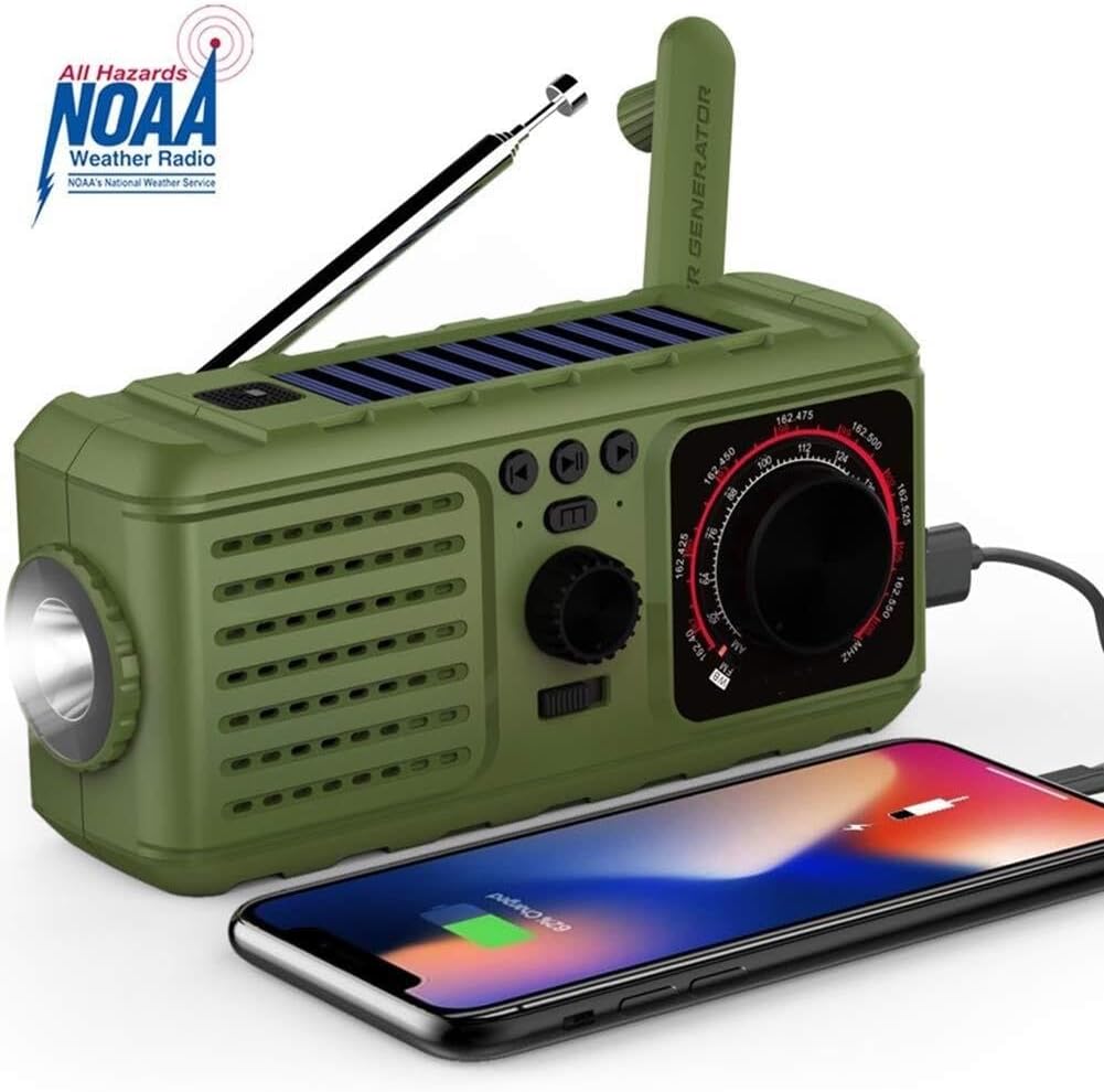 HCUCTOS 3 in 1 Outdoor Solar Emergency Radio - Hand Crank NOAA Weather Portable 2200mAh USB Charger LED Flashlights -for Camping Hurricane