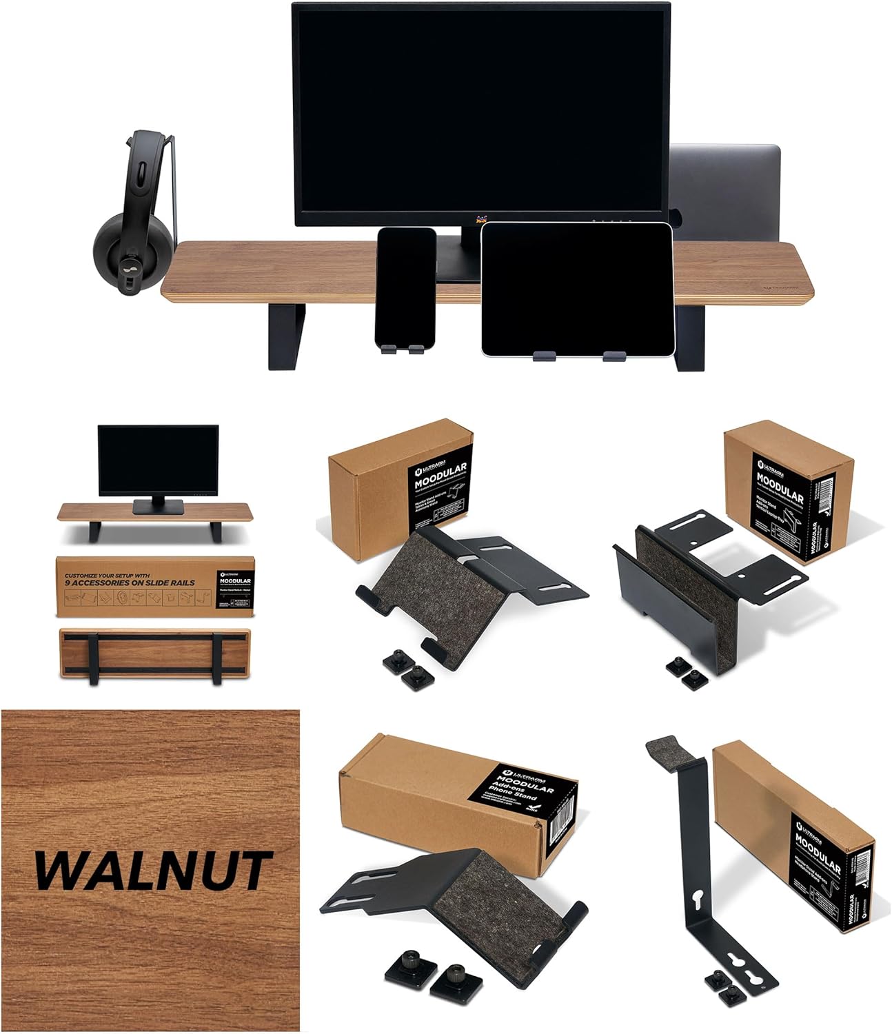 Moodular Wooden Monitor Stand Walnut with Add-on Accessories Vertical Laptop Tray, Phone Stand, Tablet Stand, Headphone Stand