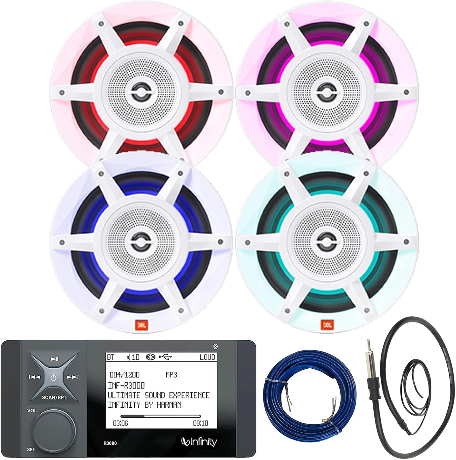 Great 16-25' Bay Boat Audio System: Bluetooth Stereo Radio Digital Media Marine Receiver Bundle Combo with 4X 8 500W Peak OEM Replacement 3-Way White RGB LED Speakers