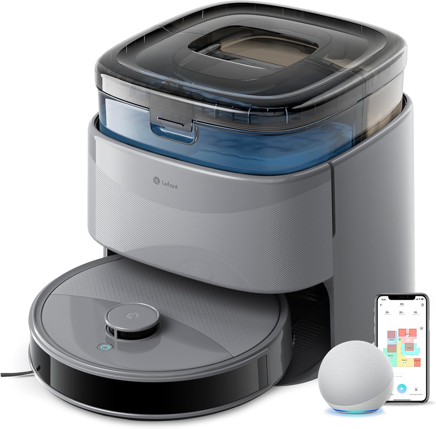 Lefant M3 Max Robot Vacuum, Robot Vacuum and Mop, 20000Pa Suction, Anti-Tangle Brushes, Dual Spinning Mop,Smart Obstacle Avoidance，Self-Emptying&Refilling，Auto Mop Washing&Drying，Gray