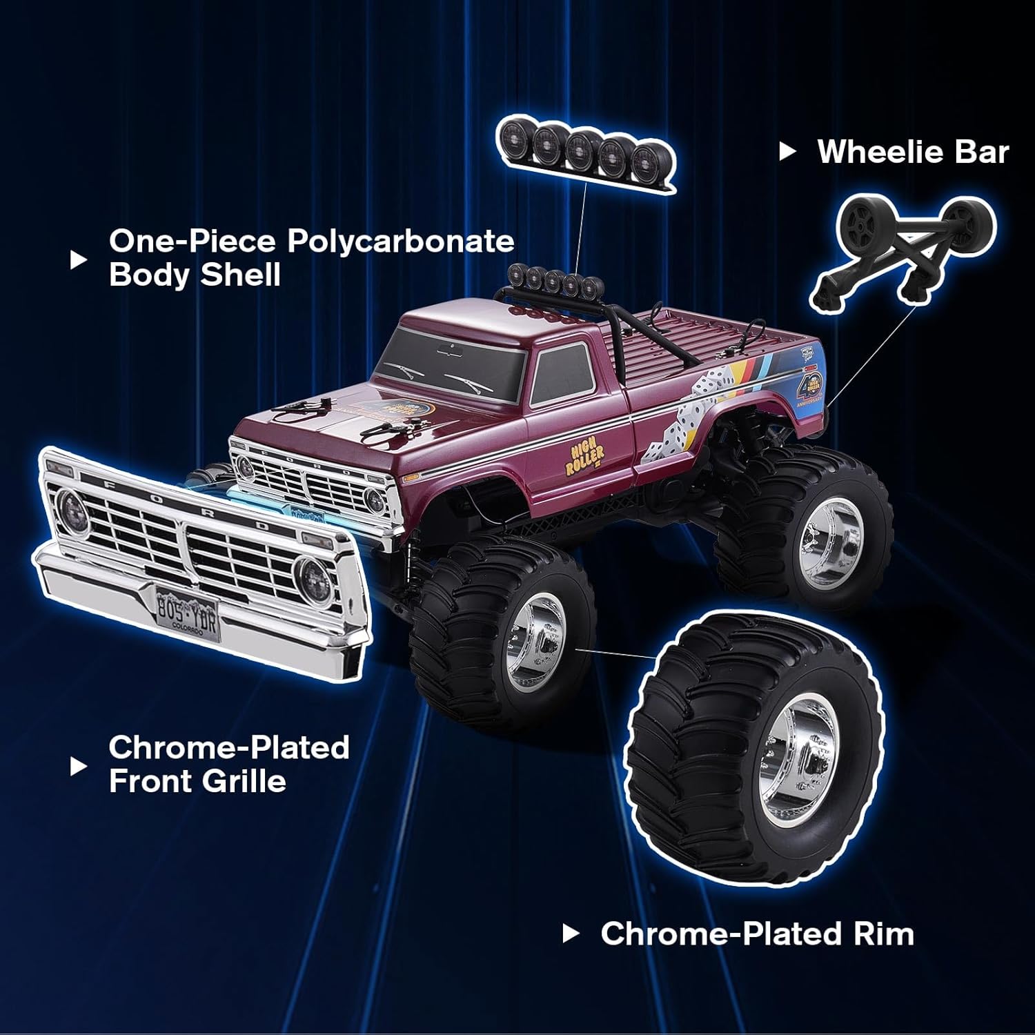 FMS 1/10 RC Truck Ford F100 – 2WD Monster Truck with Licensed Body, 550 Brushed Motor, Oil Shocks, Independent Suspension – All-Terrain RC Crawler, High Speed Off-Road RC Car for Gift（Red High Roller）